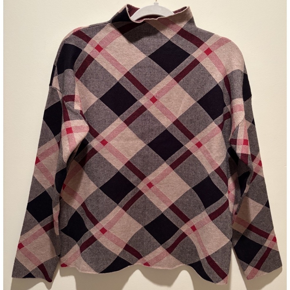 Rachel Zoe Wool blend mock neck sweater plaid pattern size Large
